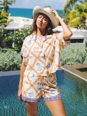 XIX Palms Seascape Short sleeve Shirt And  Tie-Front High Waisted Shorts SET